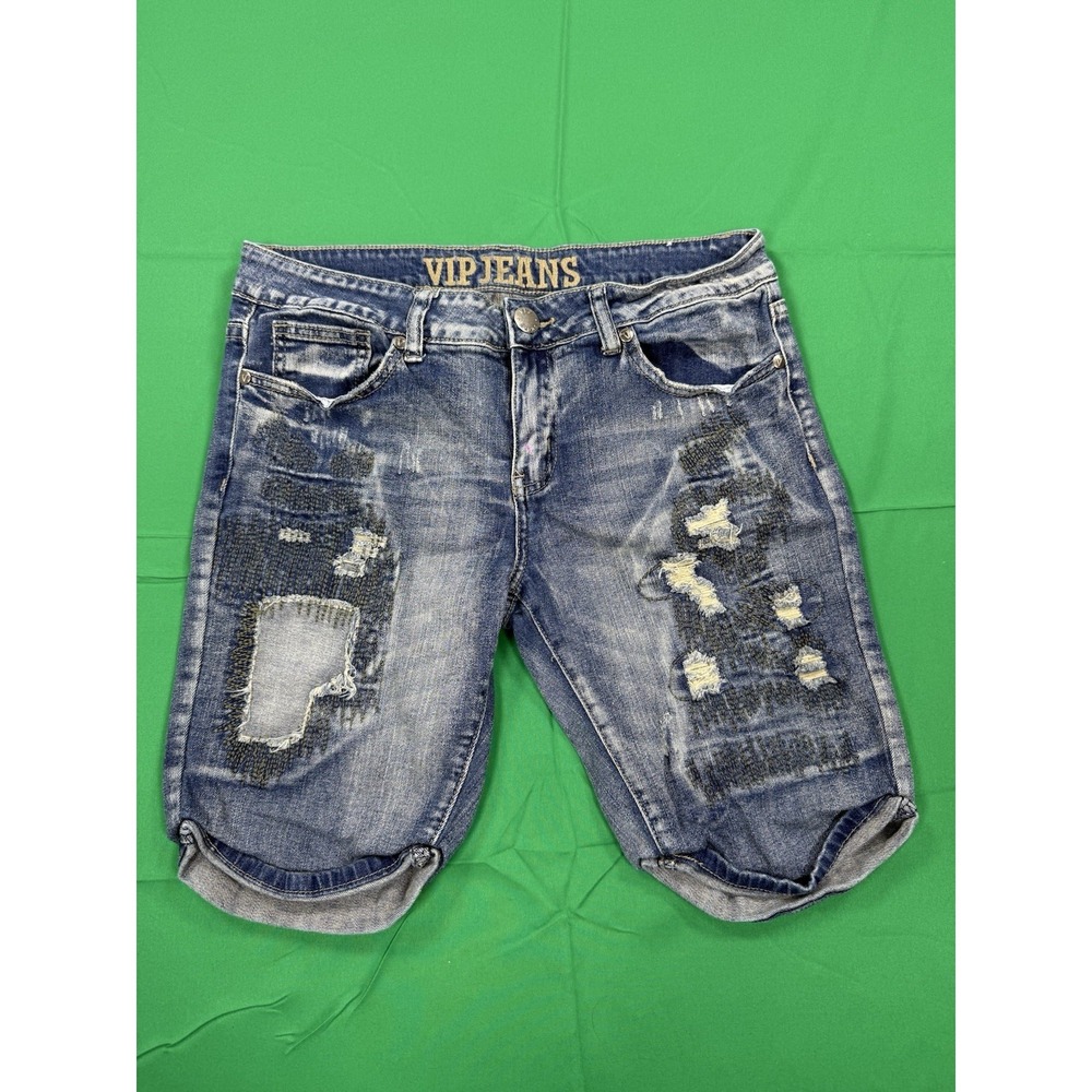 VIP Jeans Womens Size 9 Distressed Denim Bermuda Shorts Stretch Rolled Hem Blue